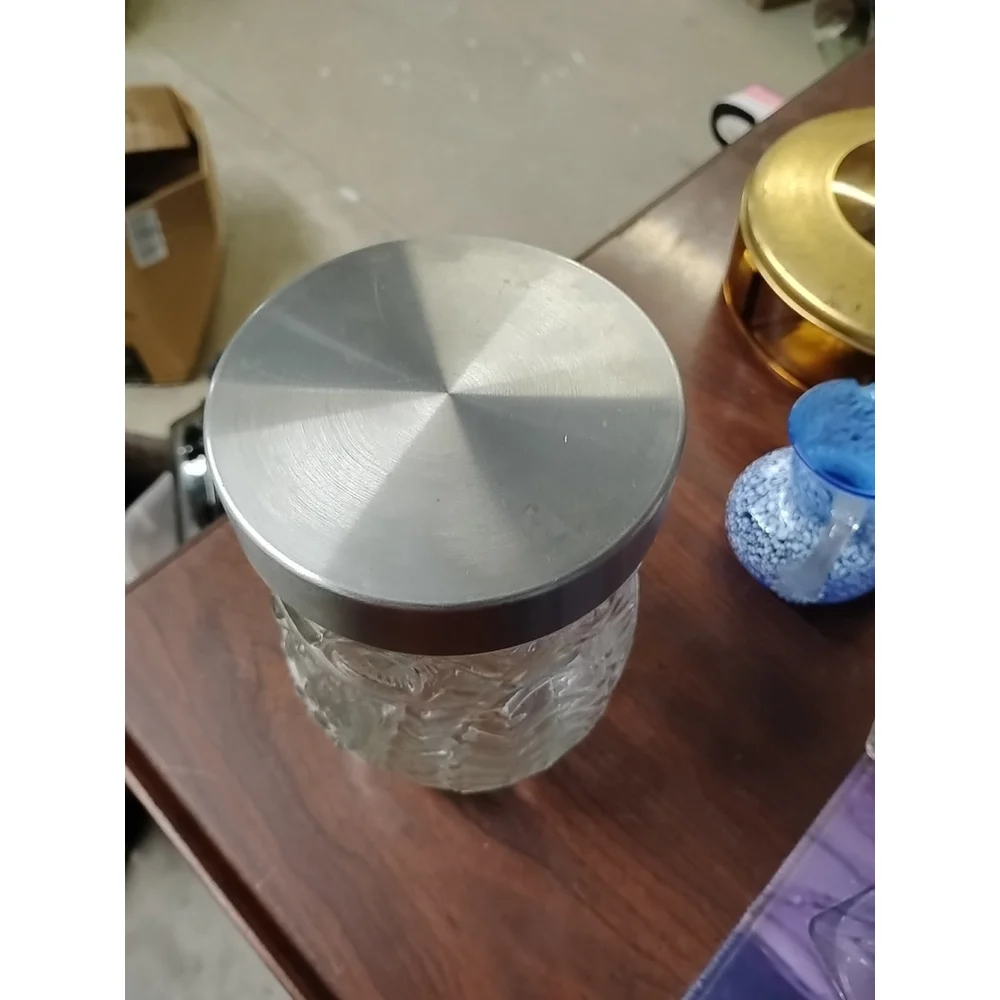 Clear Glass Owl Canister Jar 7” Holds 5 Cups or 40 Ounces Vintage. Metal Lid
